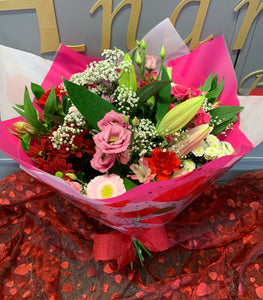 Pink & Red Valentines hand-tied bouquet