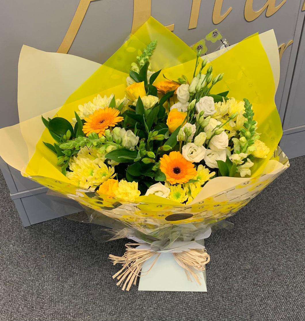 Just for Mum - Aqua Hand Tied Bouquets - Sunny yellows and creams